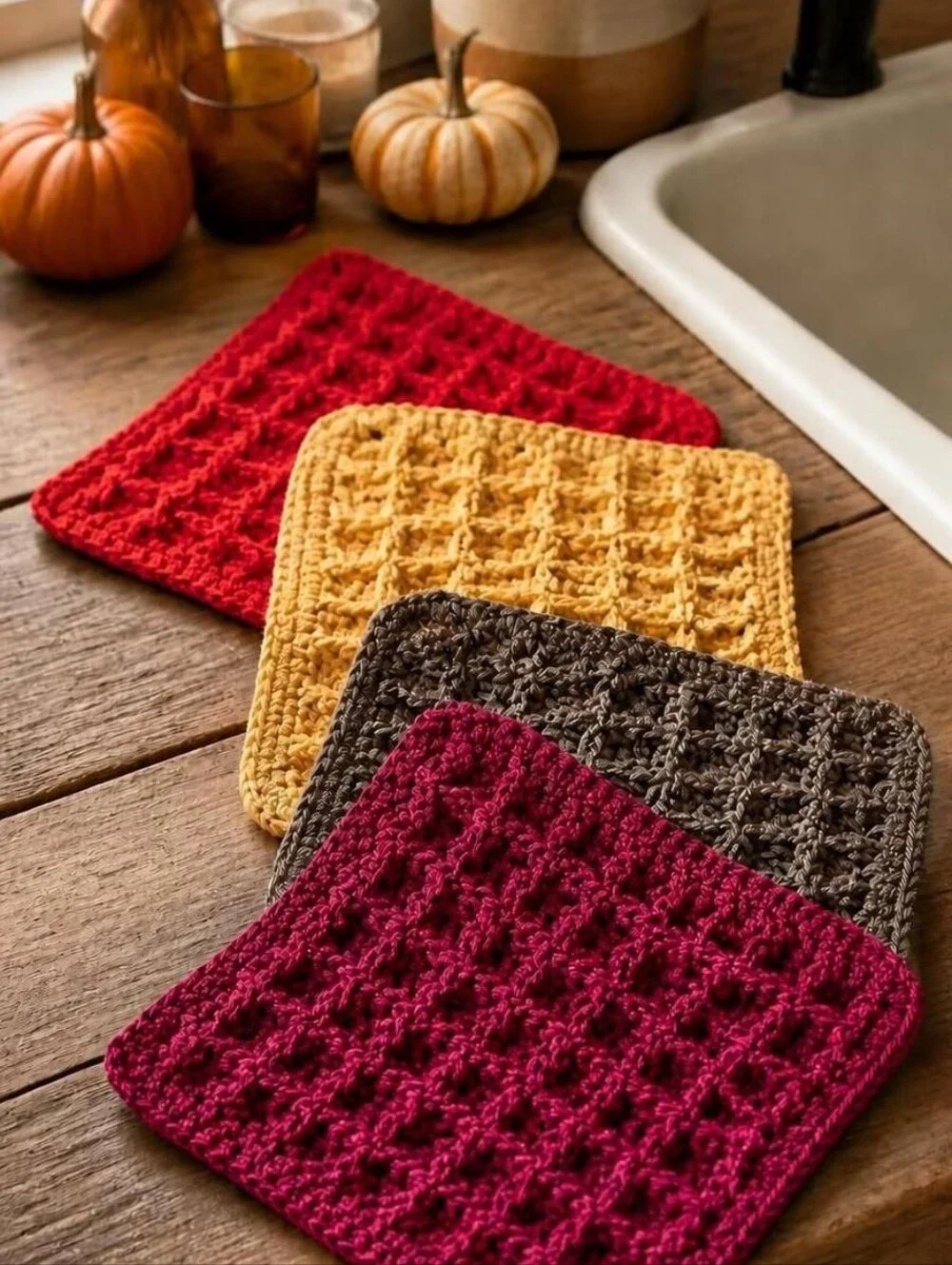 Handmade Cotton Waffle Weave Dishcloth Set of 4 Multicolor Reusable Farmhouse